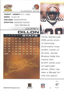 2002 Pacific #87 Corey Dillon Back