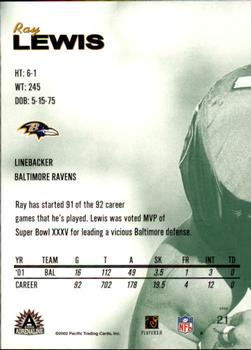 2002 Pacific Adrenaline #21 Ray Lewis Back