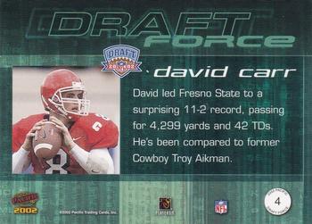 2002 Pacific - Draft Force #4 David Carr Back