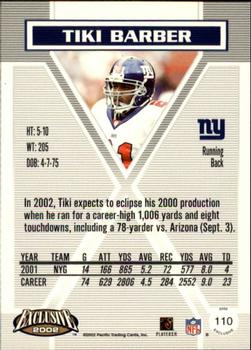 2002 Pacific Exclusive #110 Tiki Barber Back