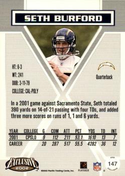 2002 Pacific Exclusive #147 Seth Burford Back