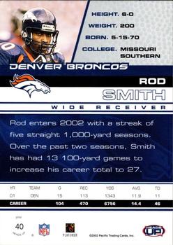 2002 Pacific Heads Up #40 Rod Smith Back
