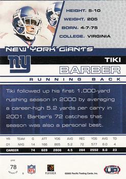 2002 Pacific Heads Up #78 Tiki Barber Back