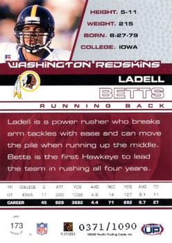 2002 Pacific Heads Up #173 Ladell Betts Back
