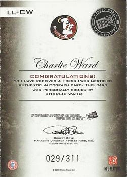2008 Press Pass Legends - Legendary Legacy Autographs Gold #LL-CW Charlie Ward Back