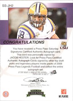 2008 Press Pass Legends - Saturday Signatures #SS-JH2 Jacob Hester Back