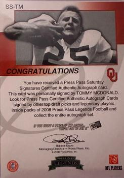 2008 Press Pass Legends - Saturday Signatures Red Ink #SS-TM Tommy McDonald Back