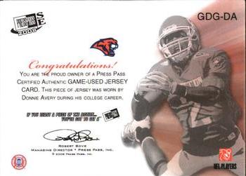 2008 Press Pass SE - Game Day Gear Jerseys Silver #GDG-DA Donnie Avery Back