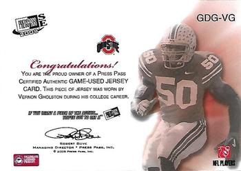 2008 Press Pass SE - Game Day Gear Jerseys Silver #GDG-VG Vernon Gholston Back