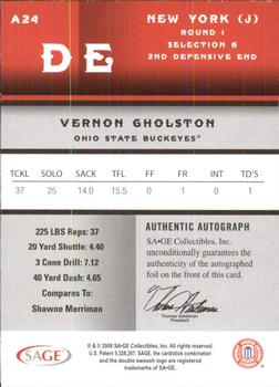 2008 SAGE - Autographs Bronze #A24 Vernon Gholston Back