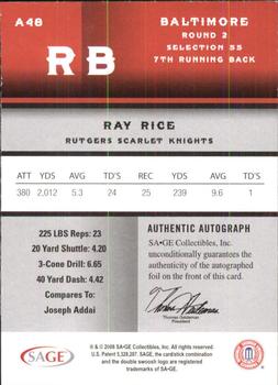 2008 SAGE - Autographs Bronze #A48 Ray Rice Back