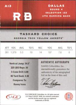 2008 SAGE - Autographs Gold #A13 Tashard Choice Back