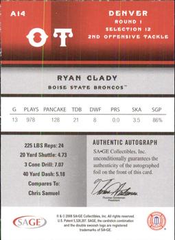 2008 SAGE - Autographs Gold #A14 Ryan Clady Back