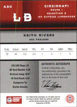 2008 SAGE - Autographs Gold #A50 Keith Rivers Back