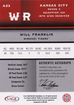 2008 SAGE - Autographs Master Edition #A23 Will Franklin Back