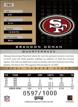 2002 Playoff Honors #103 Brandon Doman Back