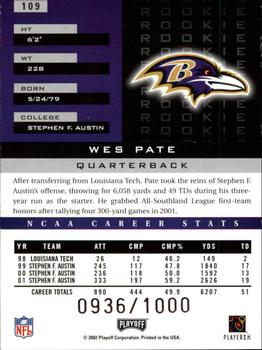 2002 Playoff Honors #109 Wes Pate Back