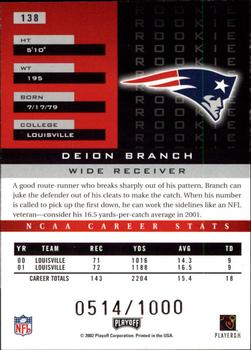 2002 Playoff Honors #138 Deion Branch Back