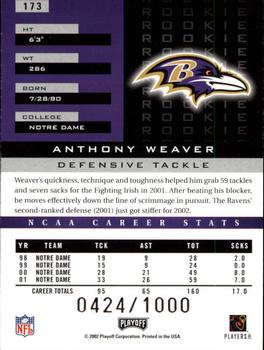 2002 Playoff Honors #173 Anthony Weaver Back