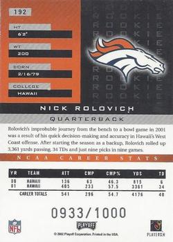 2002 Playoff Honors #192 Nick Rolovich Back