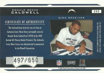 2002 Playoff Honors #203 Reche Caldwell Back