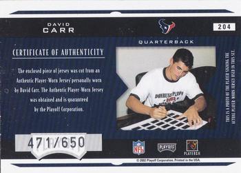 2002 Playoff Honors #204 David Carr Back