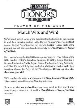 2002 Playoff Honors #NNO Player Of The Week Back