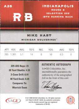 2008 SAGE - Autographs Platinum #A26 Mike Hart Back
