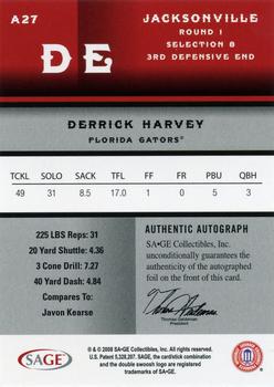 2008 SAGE - Autographs Platinum #A27 Derrick Harvey Back