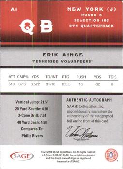 2008 SAGE - Autographs Red #A1 Erik Ainge Back