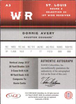 2008 SAGE - Autographs Red #A3 Donnie Avery Back