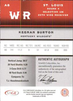 2008 SAGE - Autographs Red #A8 Keenan Burton Back