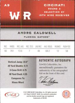 2008 SAGE - Autographs Red #A9 Andre Caldwell Back