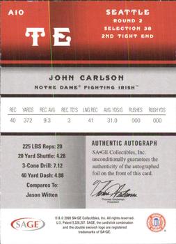 2008 SAGE - Autographs Red #A10 John Carlson Back