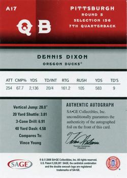 2008 SAGE - Autographs Red #A17 Dennis Dixon Back