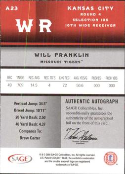 2008 SAGE - Autographs Red #A23 Will Franklin Back