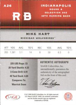 2008 SAGE - Autographs Red #A26 Mike Hart Back