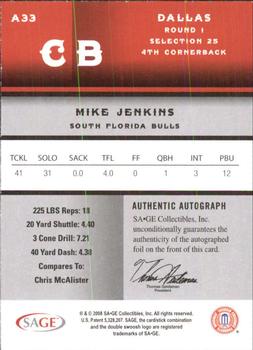 2008 SAGE - Autographs Red #A33 Mike Jenkins Back