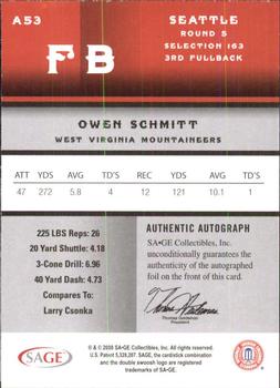 2008 SAGE - Autographs Red #A53 Owen Schmitt Back