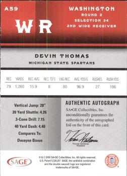 2008 SAGE - Autographs Red #A59 Devin Thomas Back