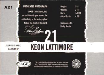 2008 SAGE HIT - Autographs #A21 Keon Lattimore Back