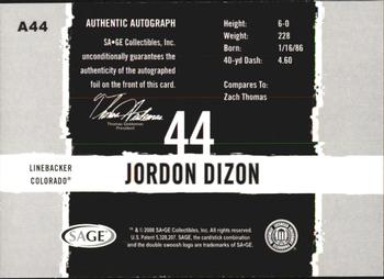 2008 SAGE HIT - Autographs #A44 Jordon Dizon Back