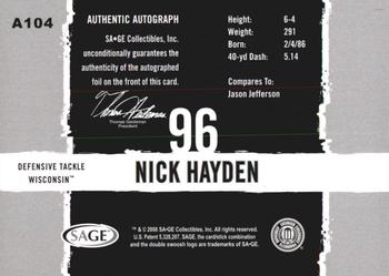 2008 SAGE HIT - Autographs #A104 Nick Hayden Back
