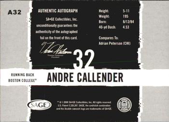 2008 SAGE HIT - Autographs Gold #A32 Andre Callender Back