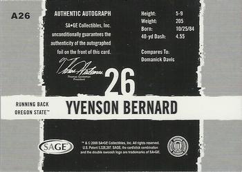2008 SAGE HIT - Autographs Silver #A26 Yvenson Bernard Back