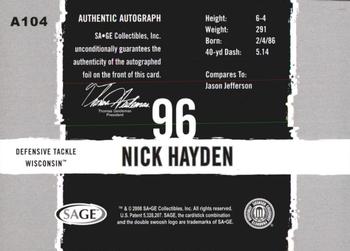 2008 SAGE HIT - Autographs Silver #A104 Nick Hayden Back