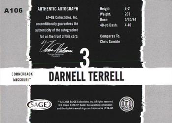 2008 SAGE HIT - Autographs Silver #A106 Darnell Terrell Back