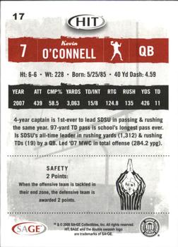2008 SAGE HIT - Glossy #17 Kevin O'Connell Back