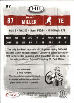 2008 SAGE HIT - Silver #87 Brent Miller Back