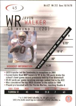 2002 SAGE #43 Javon Walker Back